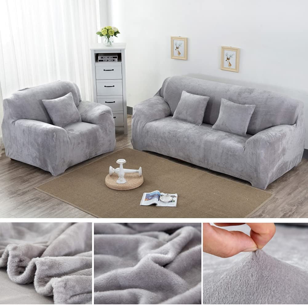 Thick Velvet Sofa Covers 1/2/3/4 Seater Pure Color Sofa Protector Stretch Non Slip Couch Cover Easy Fit Elastic Fabric Stretch Couch Slipcover(Brown, 1-Seater Sofa)
