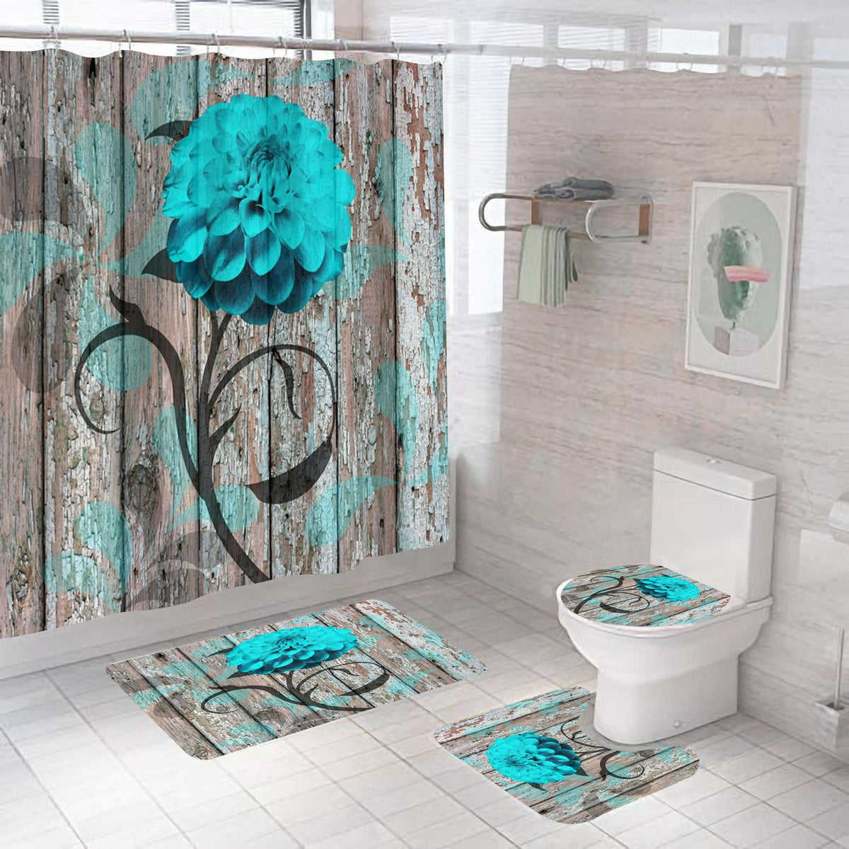 4 Pcs Bathroom Shower Curtain Set Blue Rose Shower Curtain Bathroom Sets Valentine's Day Shower Curtain Sets with Rugs(Bath Mat,U Shape and Toilet Lid Cover Mat) and 12 Hooks