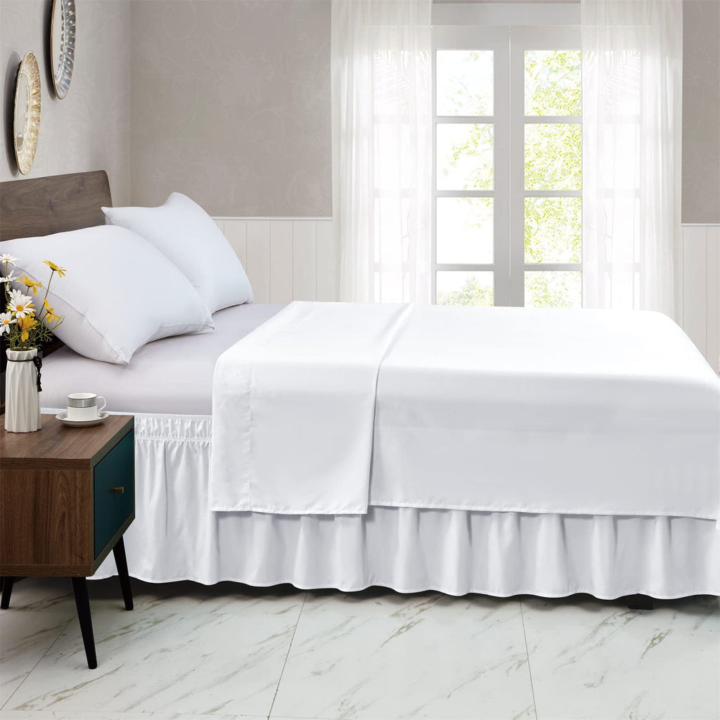 NEWEEN Wrap Around Bed Skirts for Queen Beds 15 Inches Drop, White Elastic Dust Ruffles Easy Fit Wrinkle & Fade Resistant Silky Luxurious Fabric Solid Machine Washable