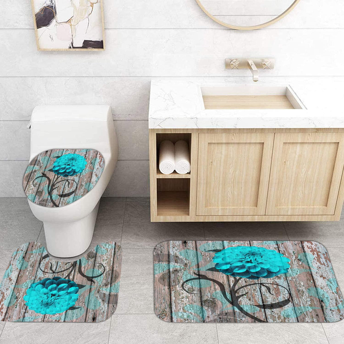 4 Pcs Bathroom Shower Curtain Set Blue Rose Shower Curtain Bathroom Sets Valentine's Day Shower Curtain Sets with Rugs(Bath Mat,U Shape and Toilet Lid Cover Mat) and 12 Hooks