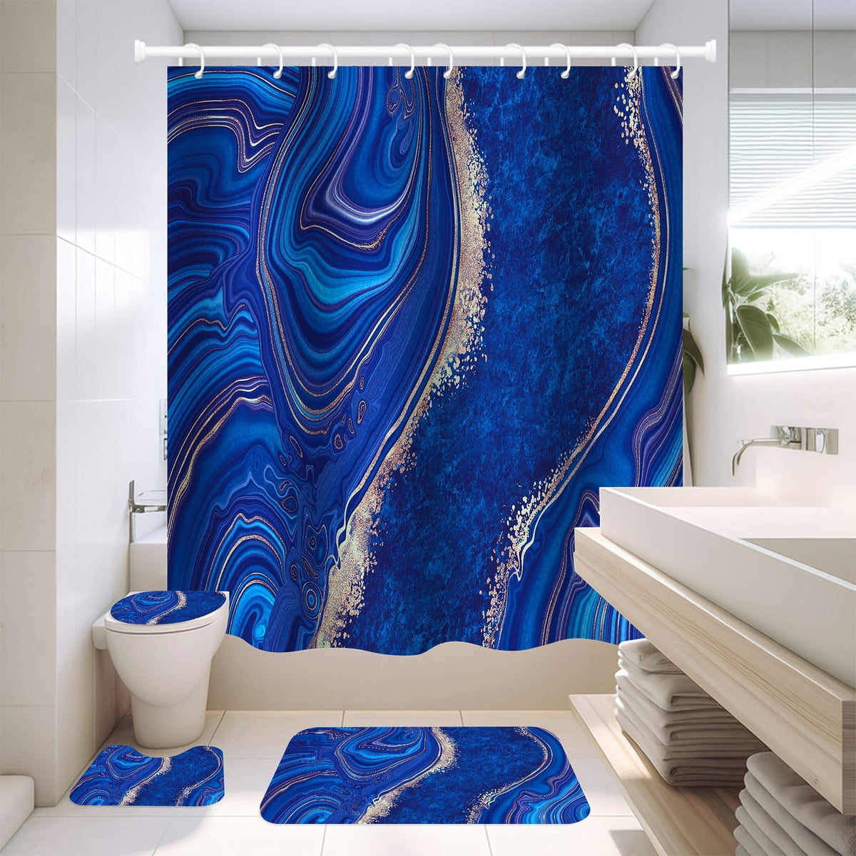 NEWEEN 4 Pcs Bathroom Shower Curtain Set,Durable Bathroom Decor Set with Rugs(Bath Mat,U Shape and Toilet Lid Cover Mat) and 12 Hooks,Sky Blue Honeycomb Marble