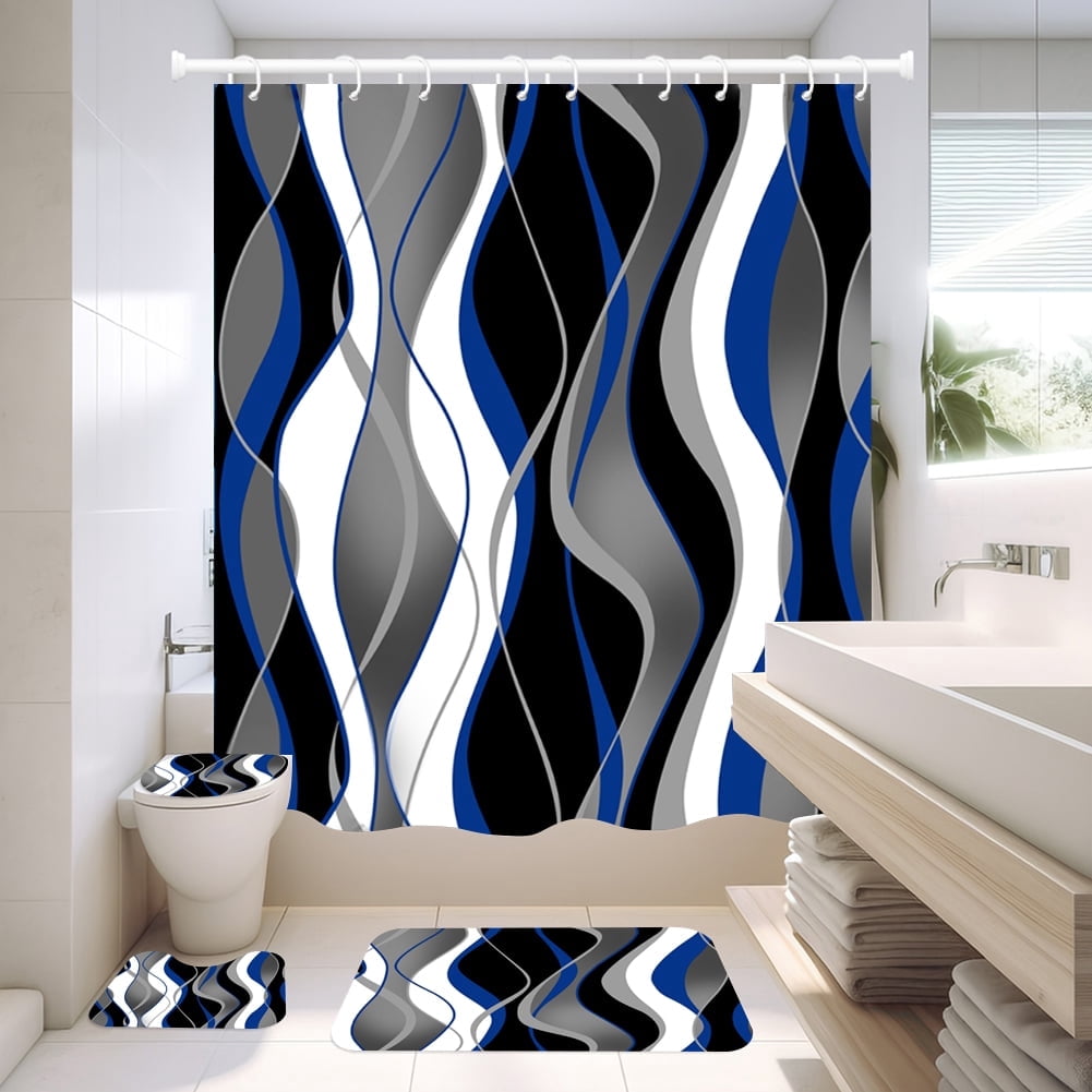 NEWEEN 4 Pcs Bathroom Shower Curtain Set,Durable Bathroom Decor Set with Rugs(Bath Mat,U Shape and Toilet Lid Cover Mat) and 12 Hooks,Sky Blue Honeycomb Marble