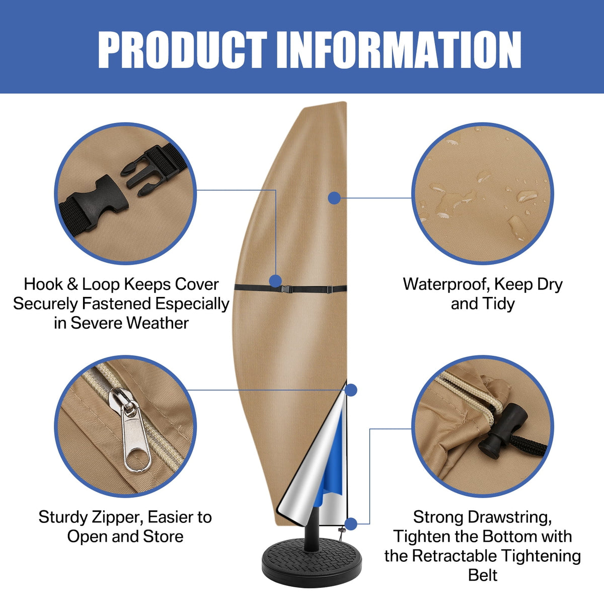 Patio Umbrella Cover 9'-13' Fits Cantilever Offset Umbrella Outdoor Umbrella Covers 420D with Telescopic Rod Water Resistant Parasol Cover Tan