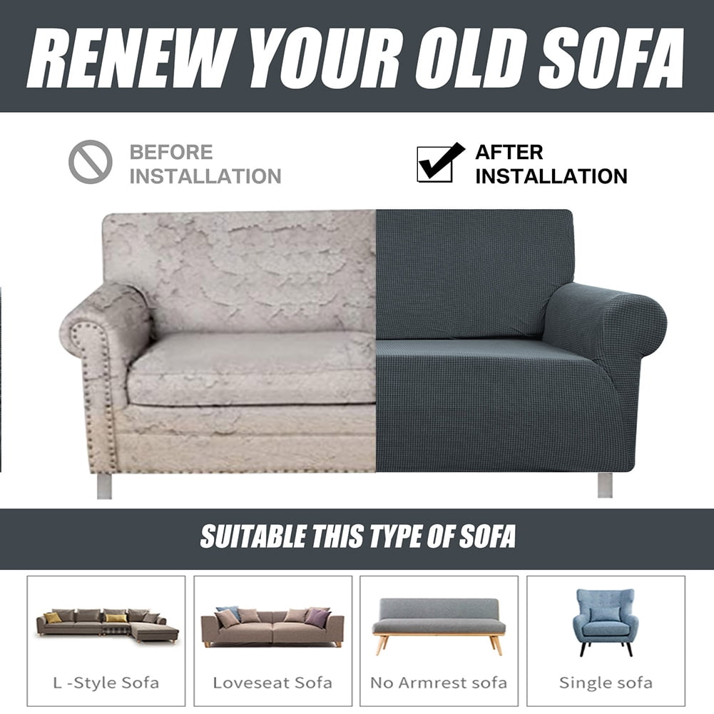 Stretch Sofa Slipcover 1-Piece Sofa Cover Furniture Protector Couch Soft with Elastic Bottom for Kids, Polyester Spandex Jacquard Fabric Small Checks with 1 Pillowcase(2 Seater, Dark Gray)