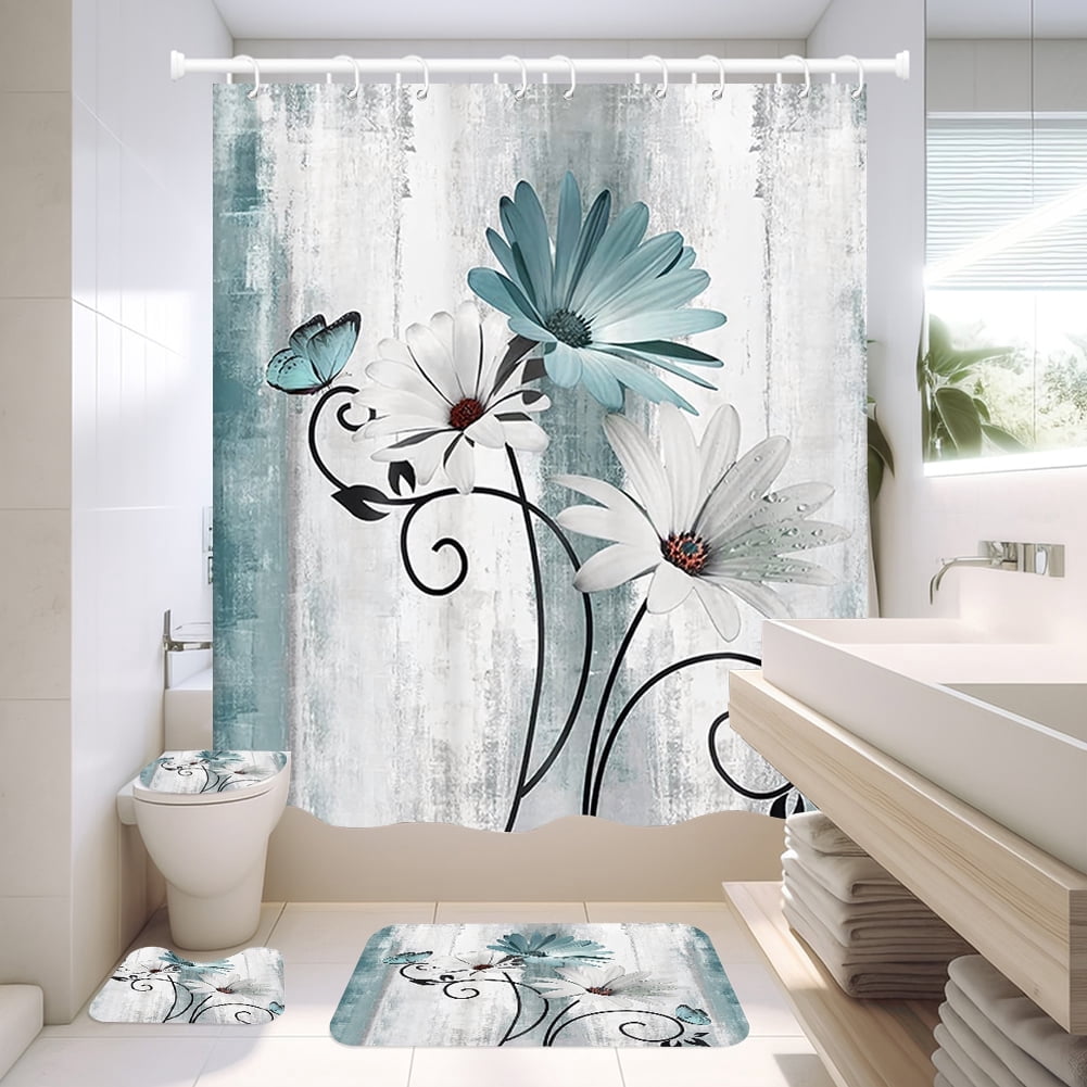 NEWEEN 4 Pcs Bathroom Shower Curtain Set,Durable Bathroom Decor Set with Rugs(Bath Mat,U Shape and Toilet Lid Cover Mat) and 12 Hooks,Sky Blue Honeycomb Marble