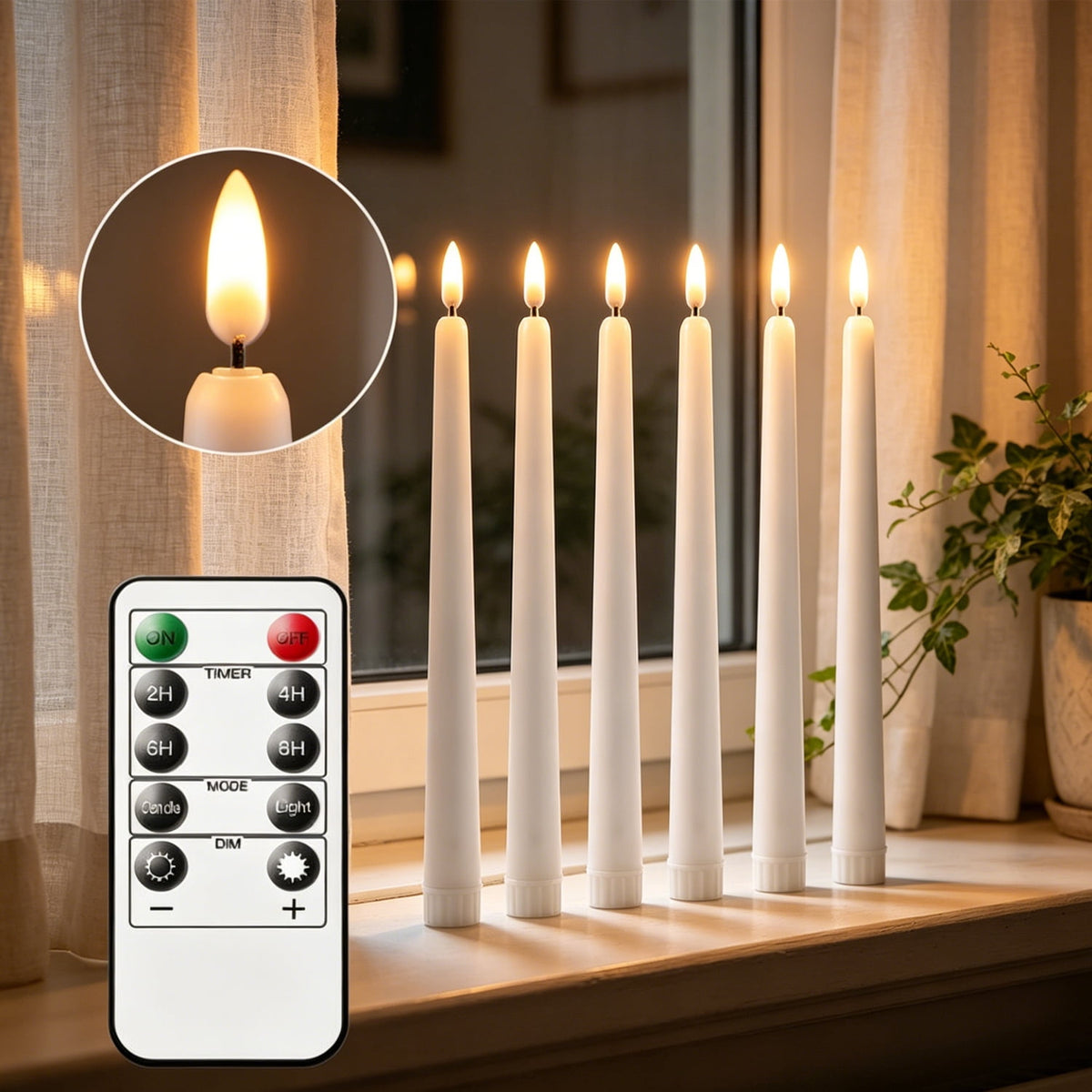 6PCS Flickering LED Flameless Taper Candles with Remote and Timer 11 Inch Battery Operated Warm White