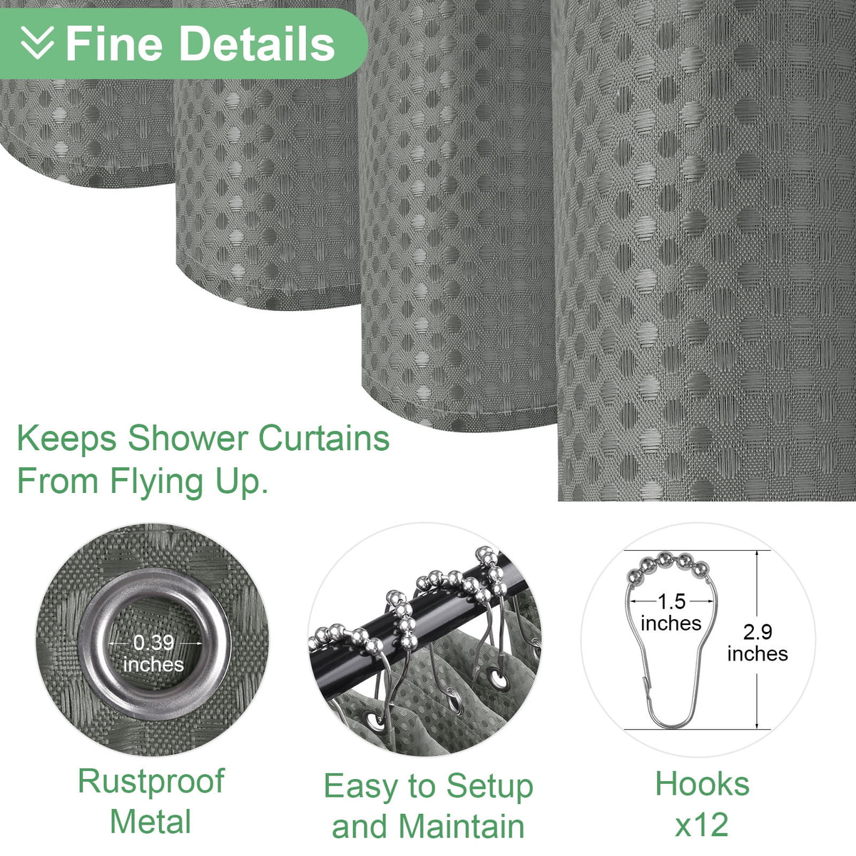 NEWEEN Waffle Textured Shower Curtain with Metal Shower Curtain Hooks, 72"x72" Luxury Heavy Duty Soft Fabric Shower Curtain, Gray