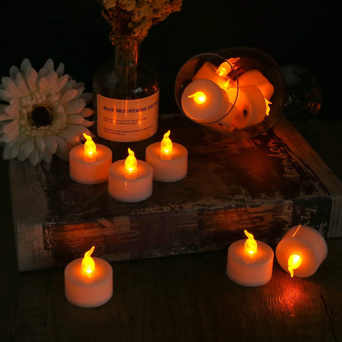 NEWEEN Tea Lights LED 24-Pack Flameless Tealight Candles Battery Candles Flickering Electric Tea Candles for Decoration,Pumpkin Lights,Holiday,Anniversary,Wedding,Party(Warm Yellow Light）