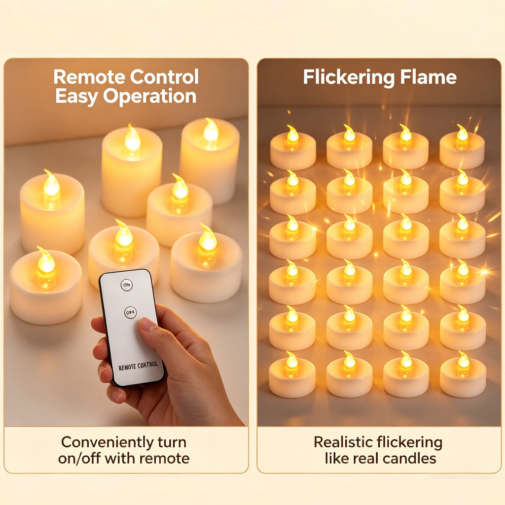24pcs LED Tea Light Remote Control Candle Flickering Flameless LED Candle Realistic and Bright Battery Operated for Christmas Wedding Festival Celebration, Warm White
