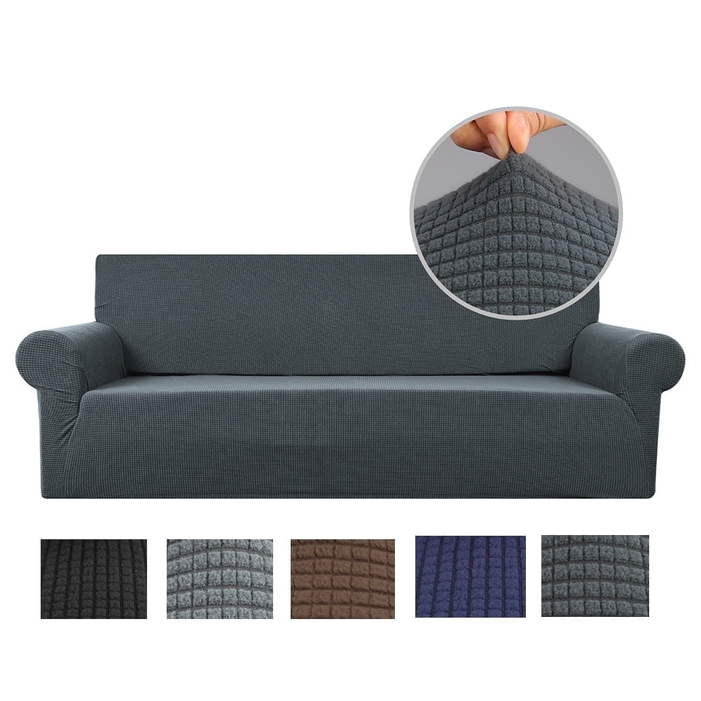 Stretch Sofa Slipcover 1-Piece Sofa Cover Furniture Protector Couch Soft with Elastic Bottom for Kids, Polyester Spandex Jacquard Fabric Small Checks with 1 Pillowcase(2 Seater, Dark Gray)
