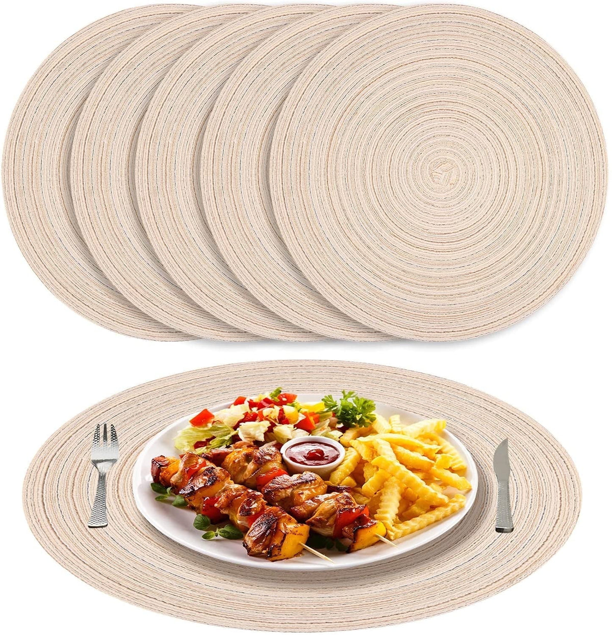NEWEEN 15" Round Placemats Set of 6 Braided Fabric Heat Resistant Washable Table Mat for Kitchen for Kitchen Party Decor