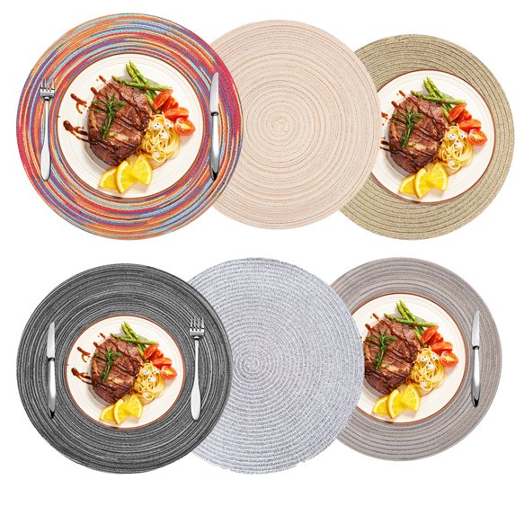 NEWEEN 15" Round Placemats Set of 6 Braided Fabric Heat Resistant Washable Table Mat for Kitchen for Kitchen Party Decor