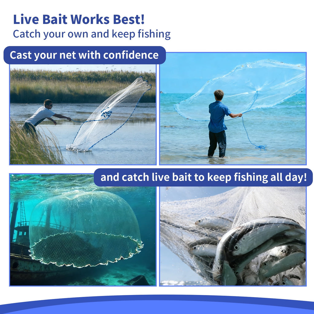 NEWEEN Cast Net 3ft-8ft Radius 3/8" Mesh for Freshwater and Saltwater Bait Fish Upgraded Material Plastic Coated Steel Sinkers Throw Style