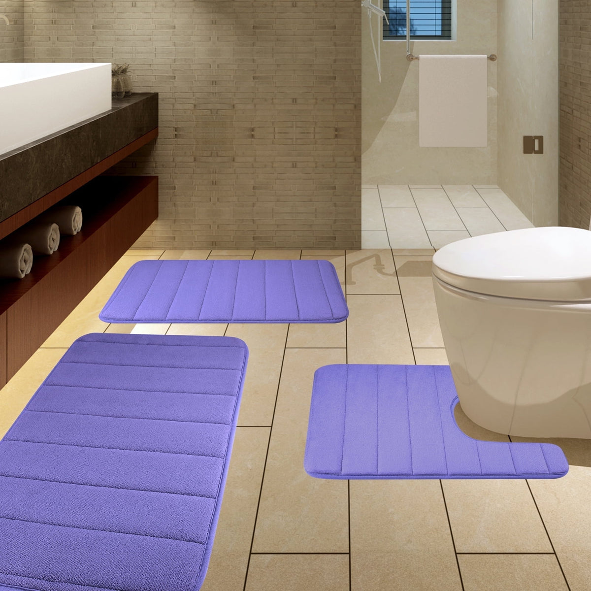 3 Piece Memory Foam Bath Mat Set with U-Shaped Toilet Mat Bathroom Rugs Soft Comfortable Water Absorption Bath Carpet Non-Slip Thick Machine Washable for Kitchen/Living Room(Gray)