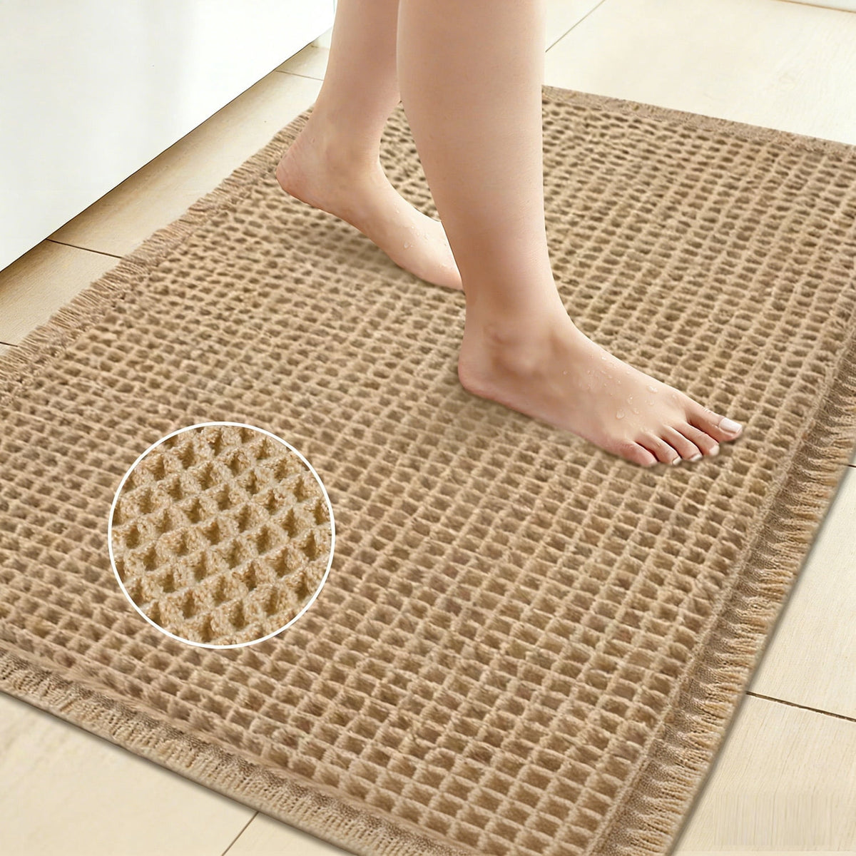 NEWEEN Waffle Bathroom Rugs Ultra-Soft Non-Slip Bath Mat Super Absorbent Quick Dry Bath Rugs for Bathroom Floor Machine Washable Bathroom Mats with Tassels Boho Bathroom Decor 18"x30" Brown