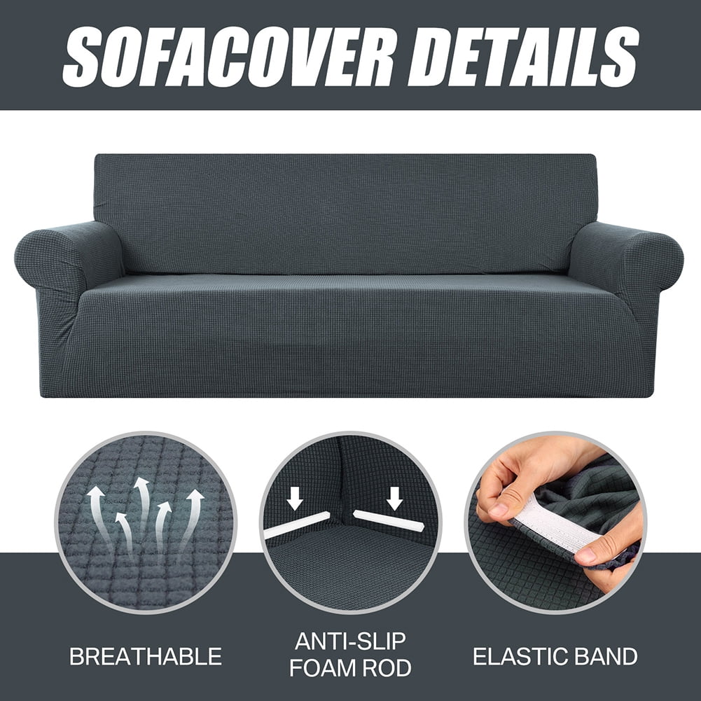 Stretch Sofa Slipcover 1-Piece Sofa Cover Furniture Protector Couch Soft with Elastic Bottom for Kids, Polyester Spandex Jacquard Fabric Small Checks with 1 Pillowcase(2 Seater, Dark Gray)