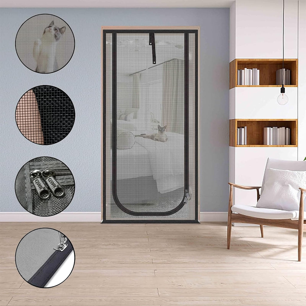 NEWEEN Cat Screen Door Fits Door Size 30"x 80" Thickened Heavy Duty Pets Resistant Mesh Screen Door for Living Room,Kitchen,Bedroom,Cat Proof Screen with Zipper Closure