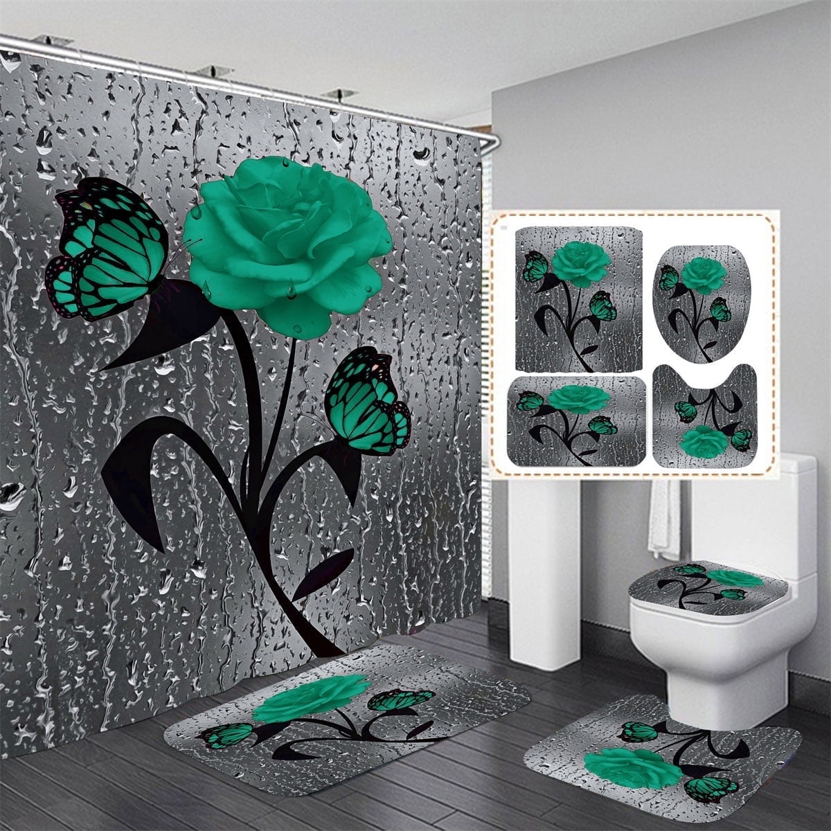 4 Pcs Bathroom Shower Curtain Set Blue Rose Shower Curtain Bathroom Sets Valentine's Day Shower Curtain Sets with Rugs(Bath Mat,U Shape and Toilet Lid Cover Mat) and 12 Hooks