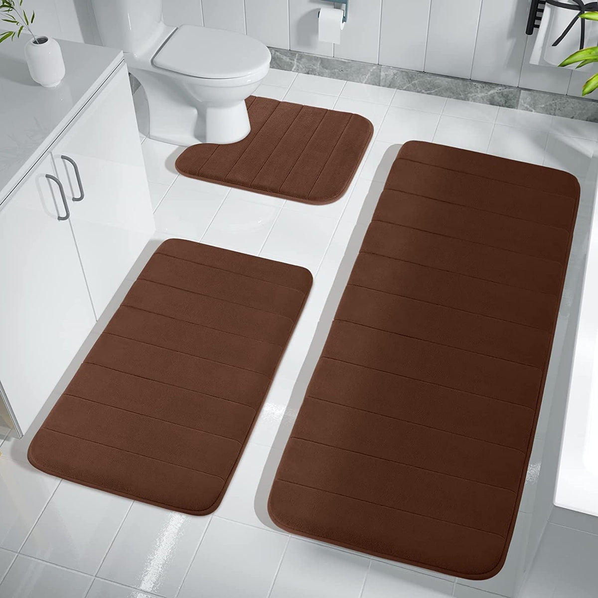 3 Piece Memory Foam Bath Mat Set with U-Shaped Toilet Mat Bathroom Rugs Soft Comfortable Water Absorption Bath Carpet Non-Slip Thick Machine Washable for Kitchen/Living Room(Gray)