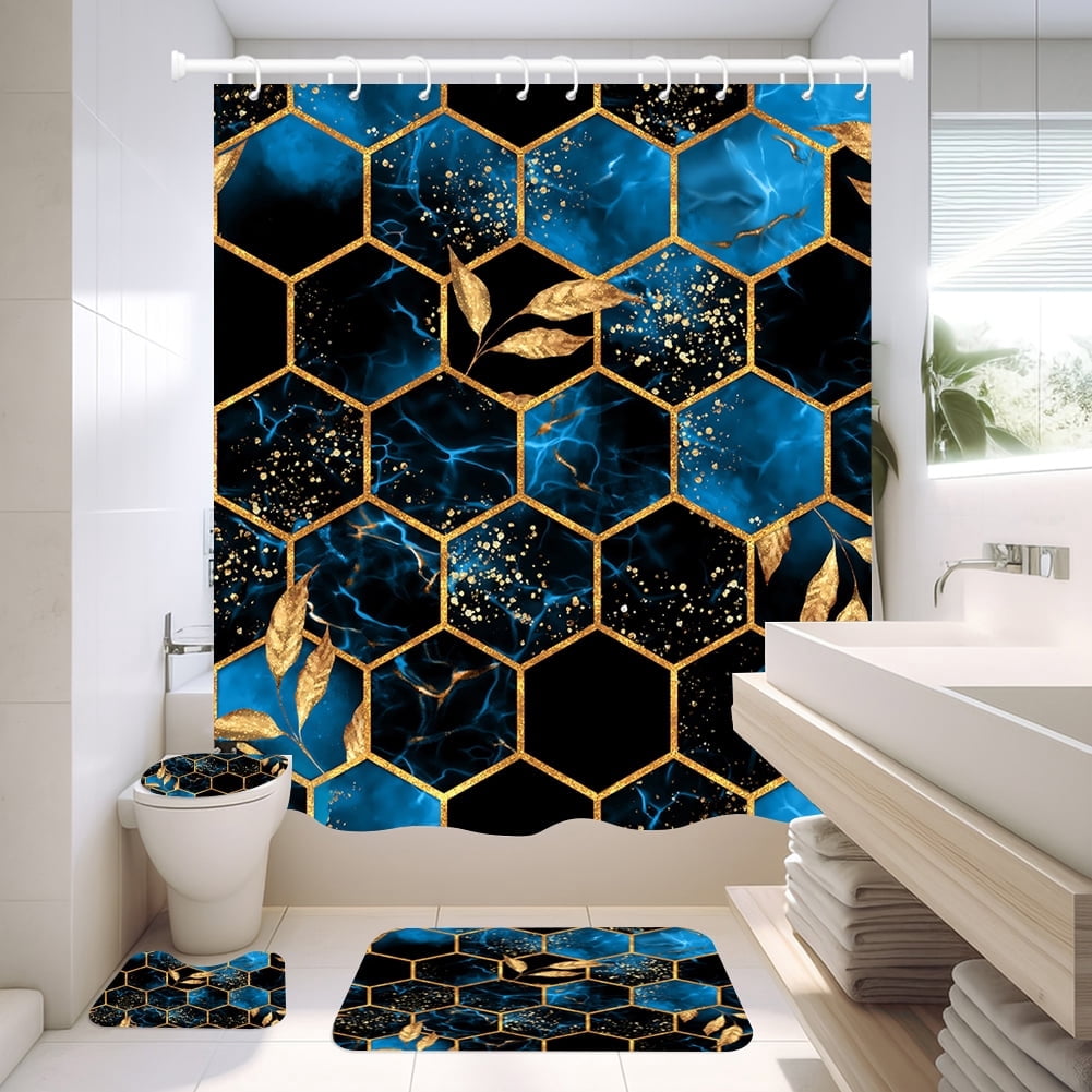 NEWEEN 4 Pcs Bathroom Shower Curtain Set,Durable Bathroom Decor Set with Rugs(Bath Mat,U Shape and Toilet Lid Cover Mat) and 12 Hooks,Sky Blue Honeycomb Marble
