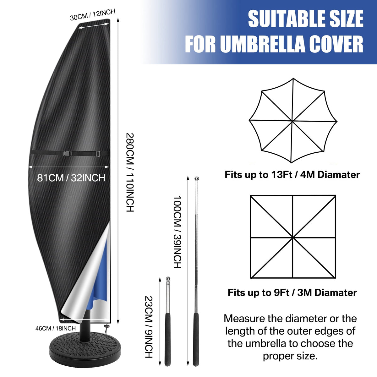 Patio Umbrella Cover 9'-13' Fits Cantilever Offset Umbrella Outdoor Umbrella Covers 420D with Telescopic Rod Water Resistant Parasol Cover Tan