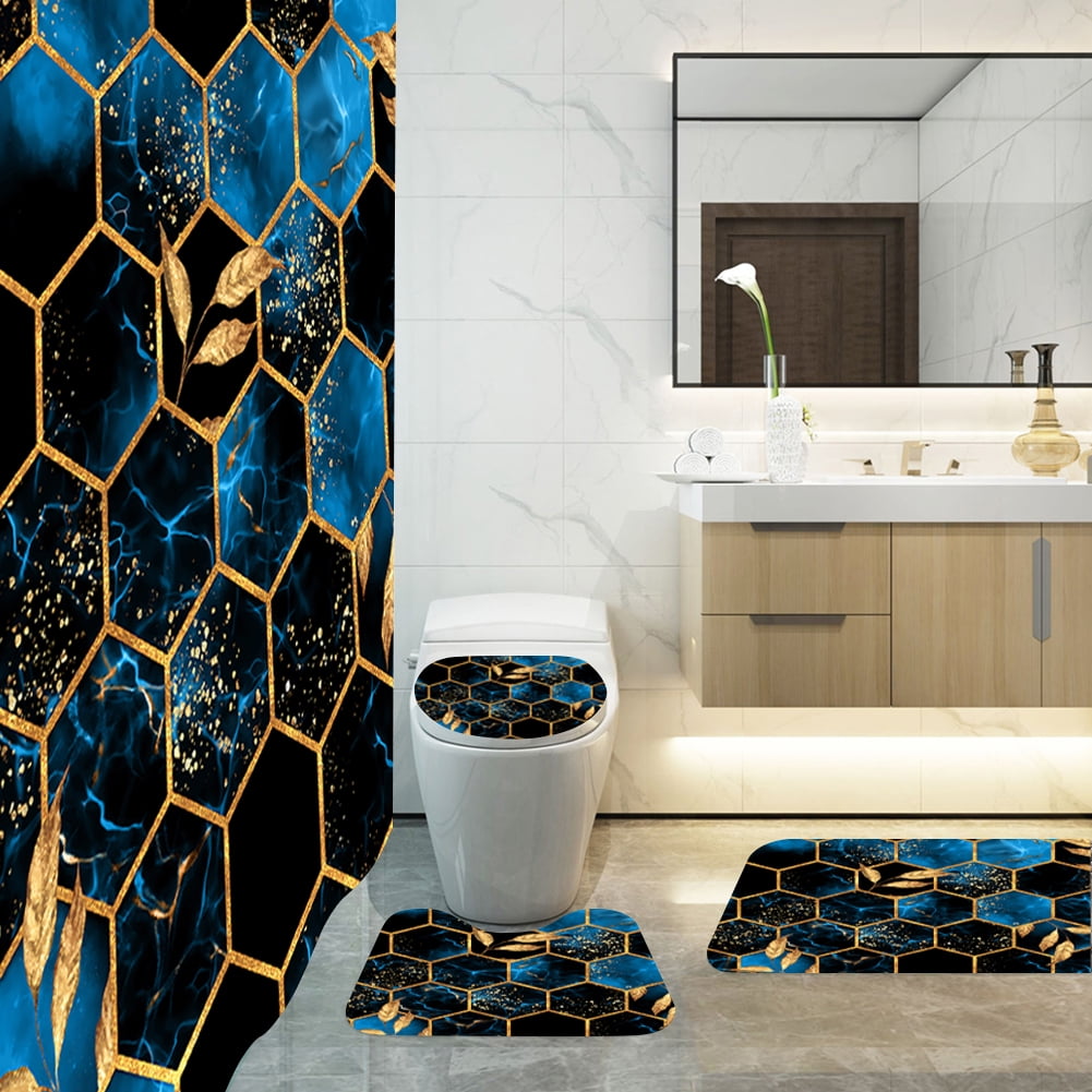 NEWEEN 4 Pcs Bathroom Shower Curtain Set,Durable Bathroom Decor Set with Rugs(Bath Mat,U Shape and Toilet Lid Cover Mat) and 12 Hooks,Sky Blue Honeycomb Marble