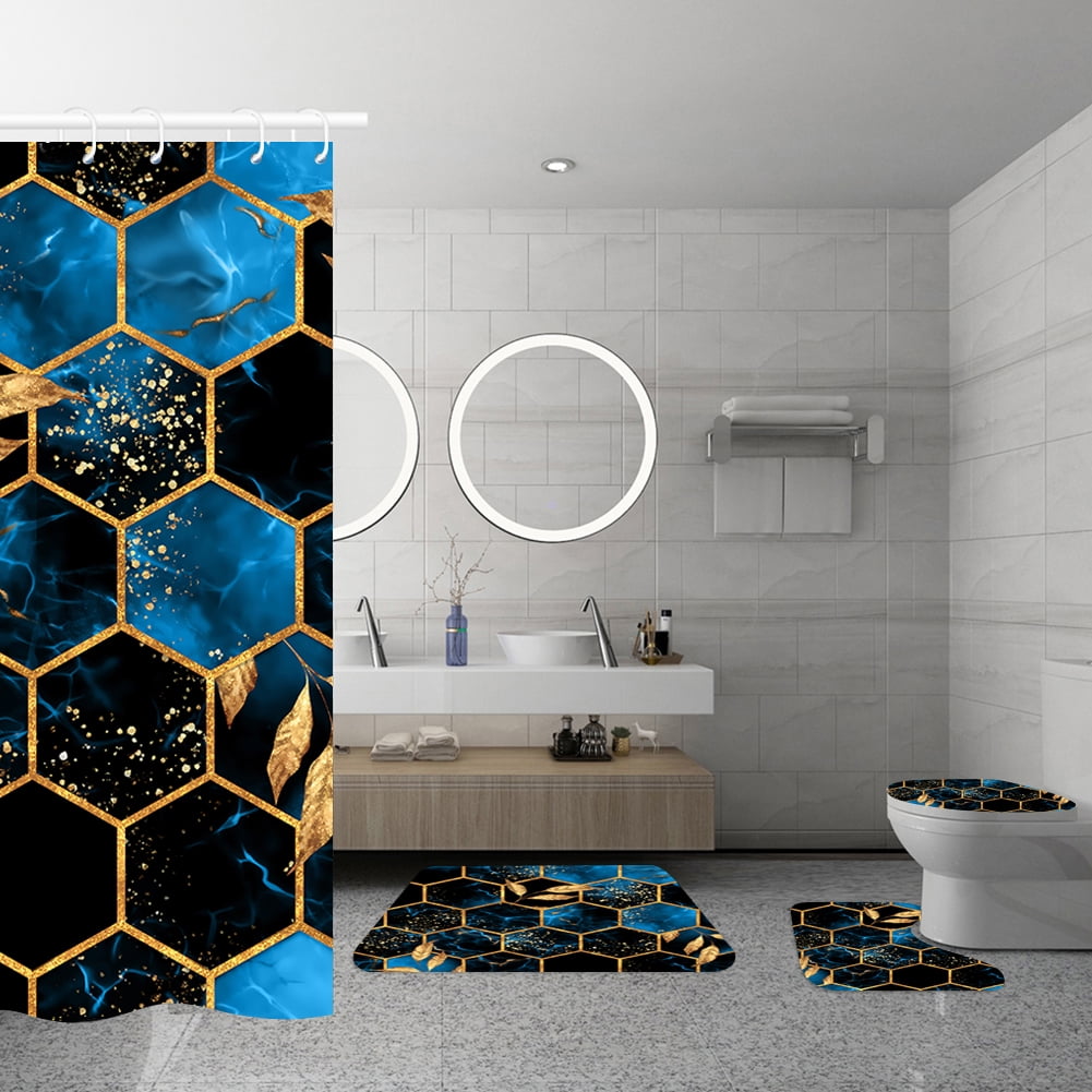 NEWEEN 4 Pcs Bathroom Shower Curtain Set,Durable Bathroom Decor Set with Rugs(Bath Mat,U Shape and Toilet Lid Cover Mat) and 12 Hooks,Sky Blue Honeycomb Marble