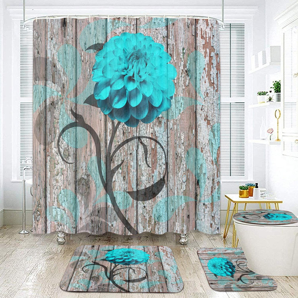 4 Pcs Bathroom Shower Curtain Set Blue Rose Shower Curtain Bathroom Sets Valentine's Day Shower Curtain Sets with Rugs(Bath Mat,U Shape and Toilet Lid Cover Mat) and 12 Hooks