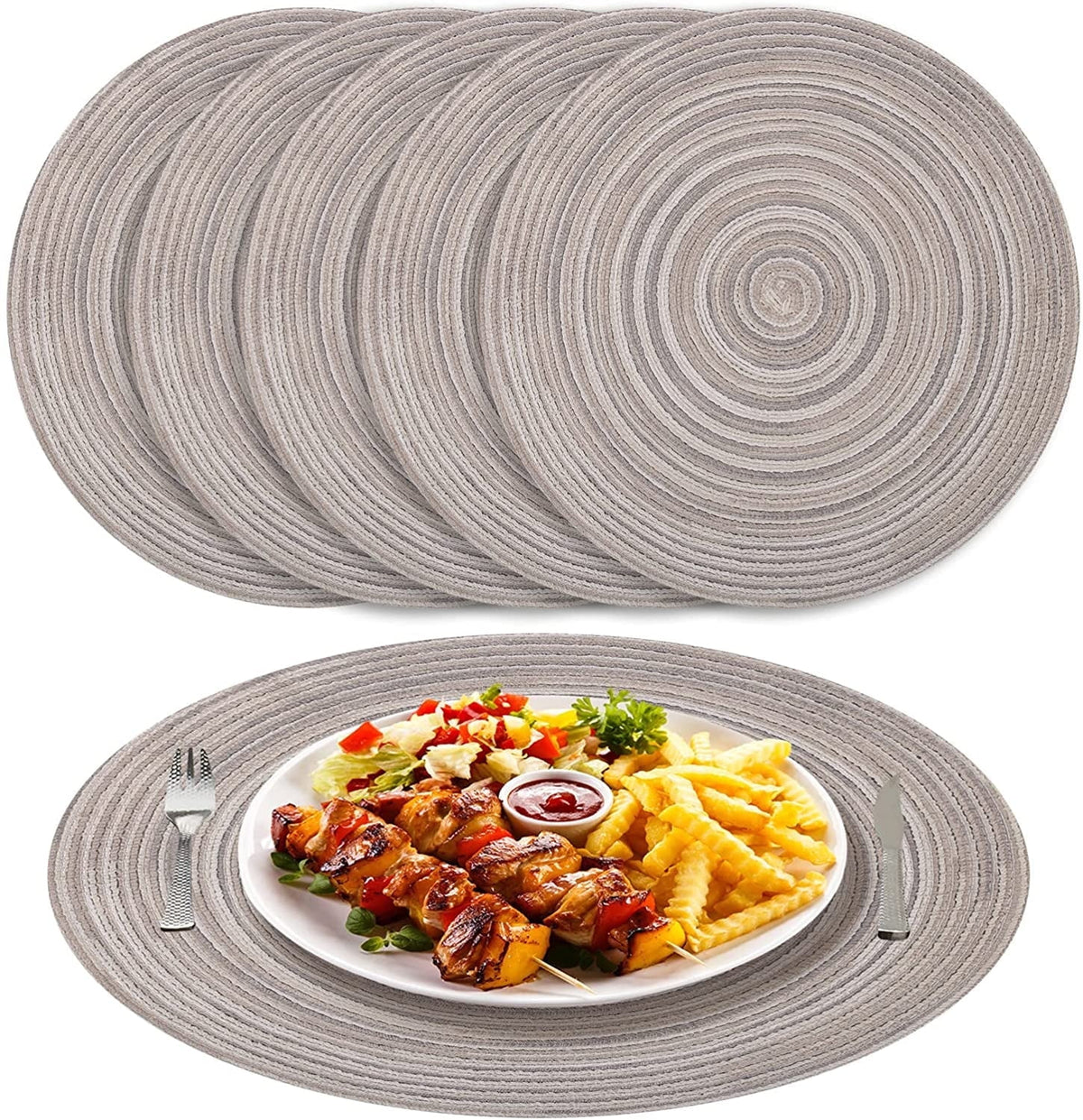 NEWEEN 15" Round Placemats Set of 6 Braided Fabric Heat Resistant Washable Table Mat for Kitchen for Kitchen Party Decor