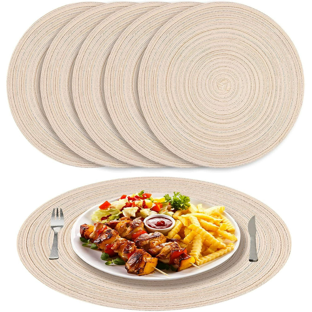 NEWEEN 15" Round Placemats Set of 6 Braided Fabric Heat Resistant Washable Table Mat for Kitchen for Kitchen Party Decor, Beige