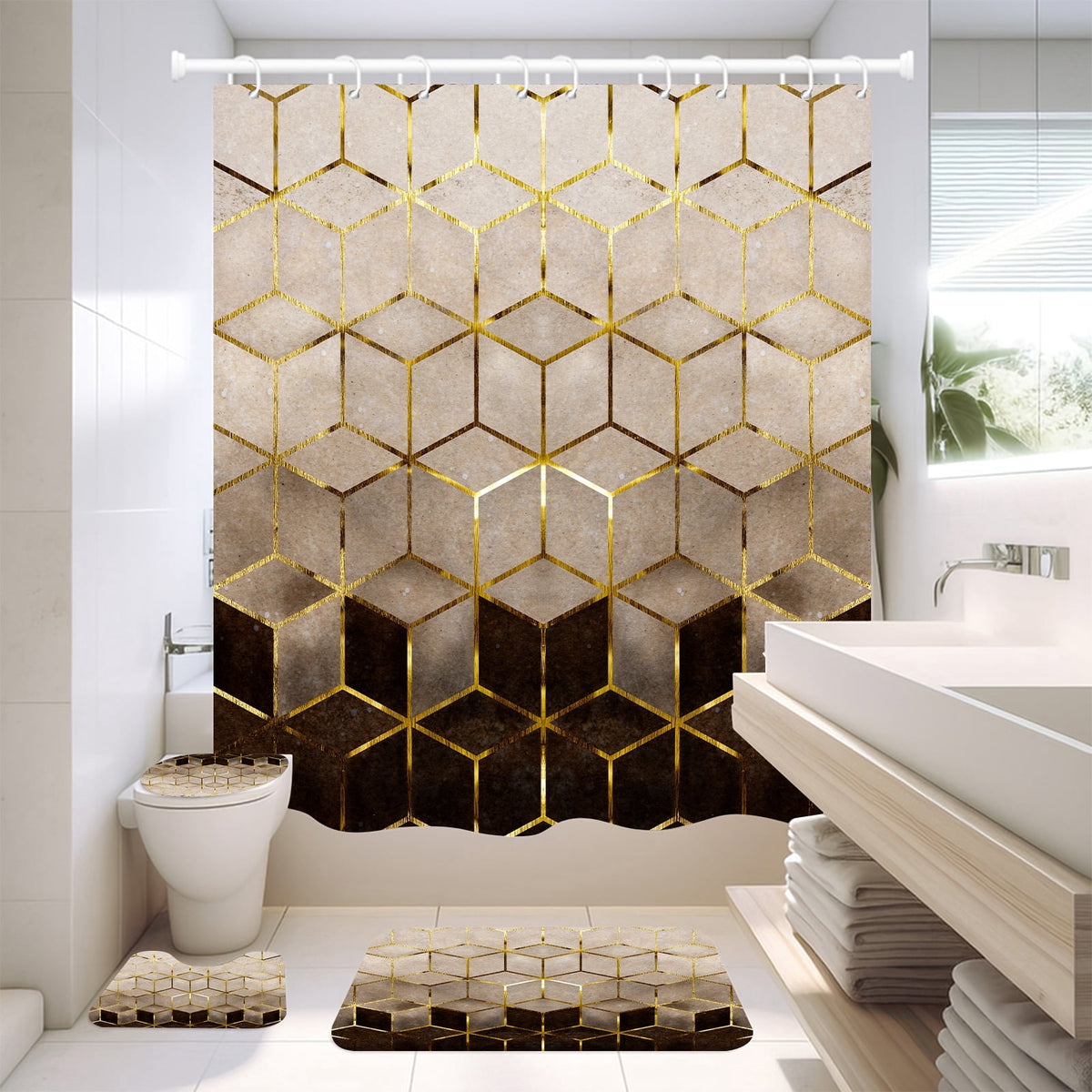 NEWEEN 4 Pcs Bathroom Shower Curtain Set,Durable Bathroom Decor Set with Rugs(Bath Mat,U Shape and Toilet Lid Cover Mat) and 12 Hooks,Sky Blue Honeycomb Marble