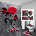 4 Pcs Bathroom Shower Curtain Set Blue Rose Shower Curtain Bathroom Sets Valentine's Day Shower Curtain Sets with Rugs(Bath Mat,U Shape and Toilet Lid Cover Mat) and 12 Hooks
