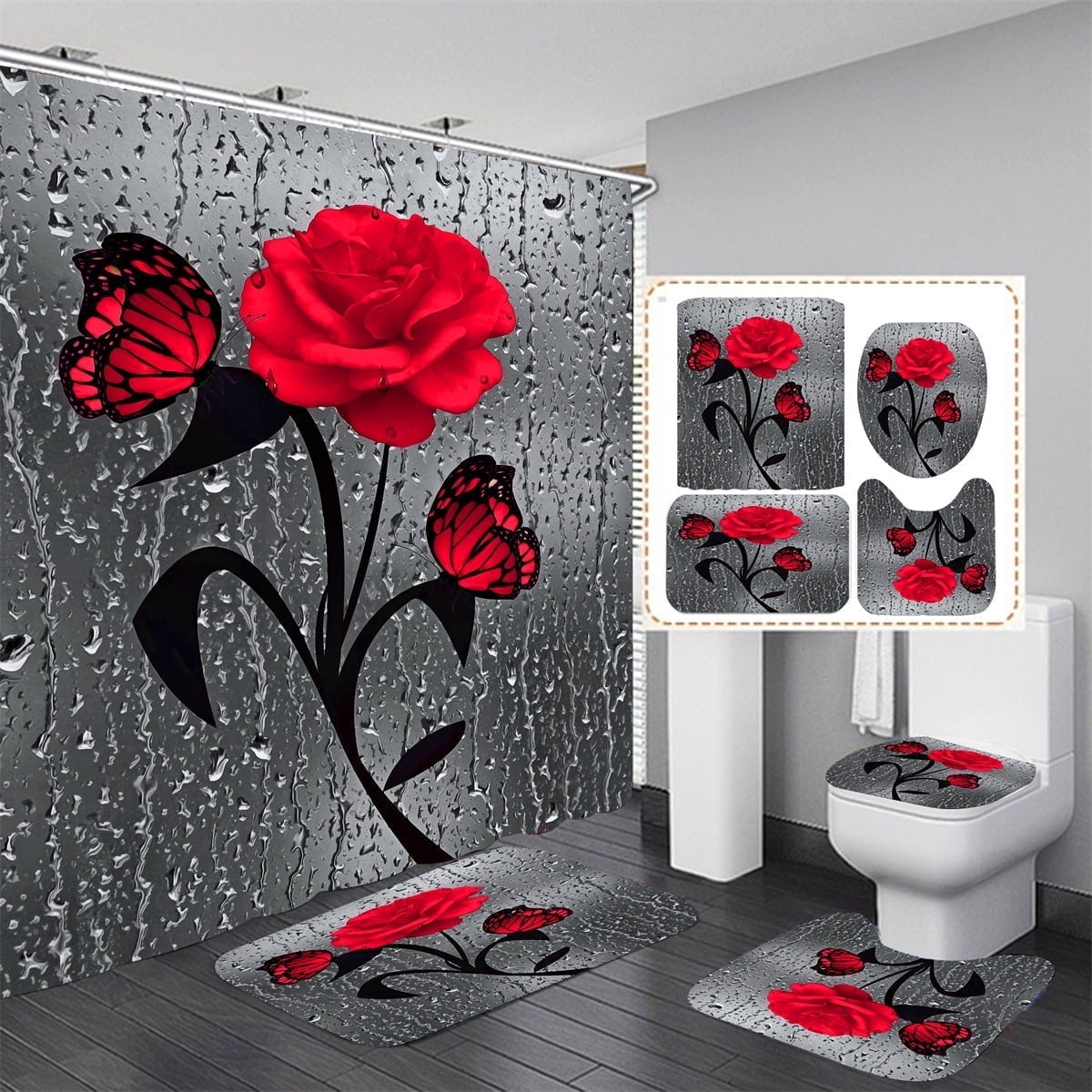 4 Pcs Bathroom Shower Curtain Set Blue Rose Shower Curtain Bathroom Sets Valentine's Day Shower Curtain Sets with Rugs(Bath Mat,U Shape and Toilet Lid Cover Mat) and 12 Hooks