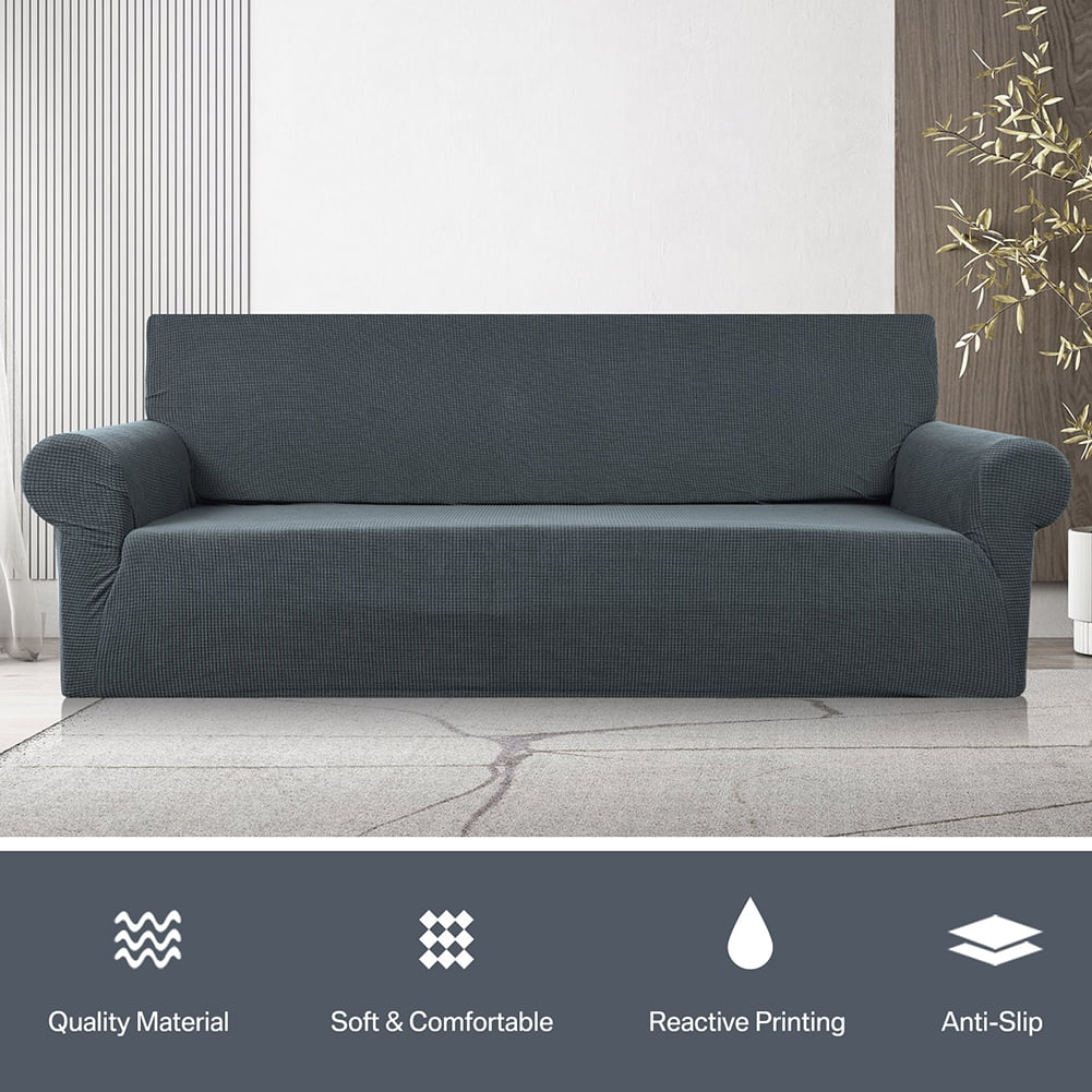Stretch Sofa Slipcover 1-Piece Sofa Cover Furniture Protector Couch Soft with Elastic Bottom for Kids, Polyester Spandex Jacquard Fabric Small Checks with 1 Pillowcase(2 Seater, Dark Gray)
