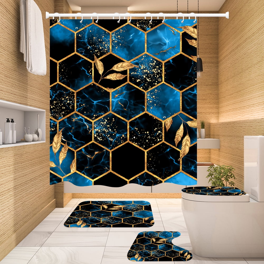 NEWEEN 4 Pcs Bathroom Shower Curtain Set,Durable Bathroom Decor Set with Rugs(Bath Mat,U Shape and Toilet Lid Cover Mat) and 12 Hooks,Sky Blue Honeycomb Marble