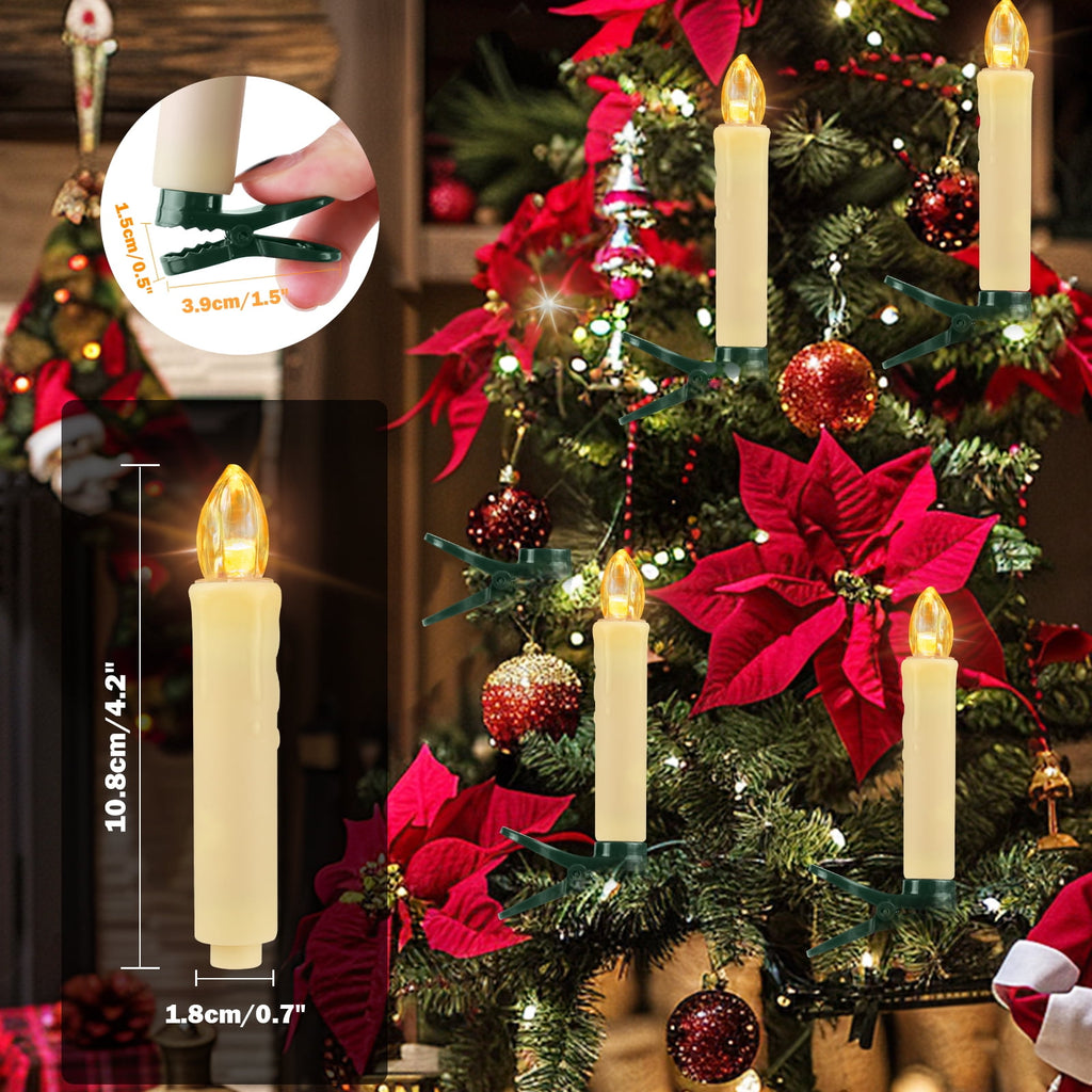 NEWEEN Flameless Clip-on Christmas Tree Candles, Dimmable, Flickering/Steady, Battery Operated, Remote Control, 4.7”, Set of 10