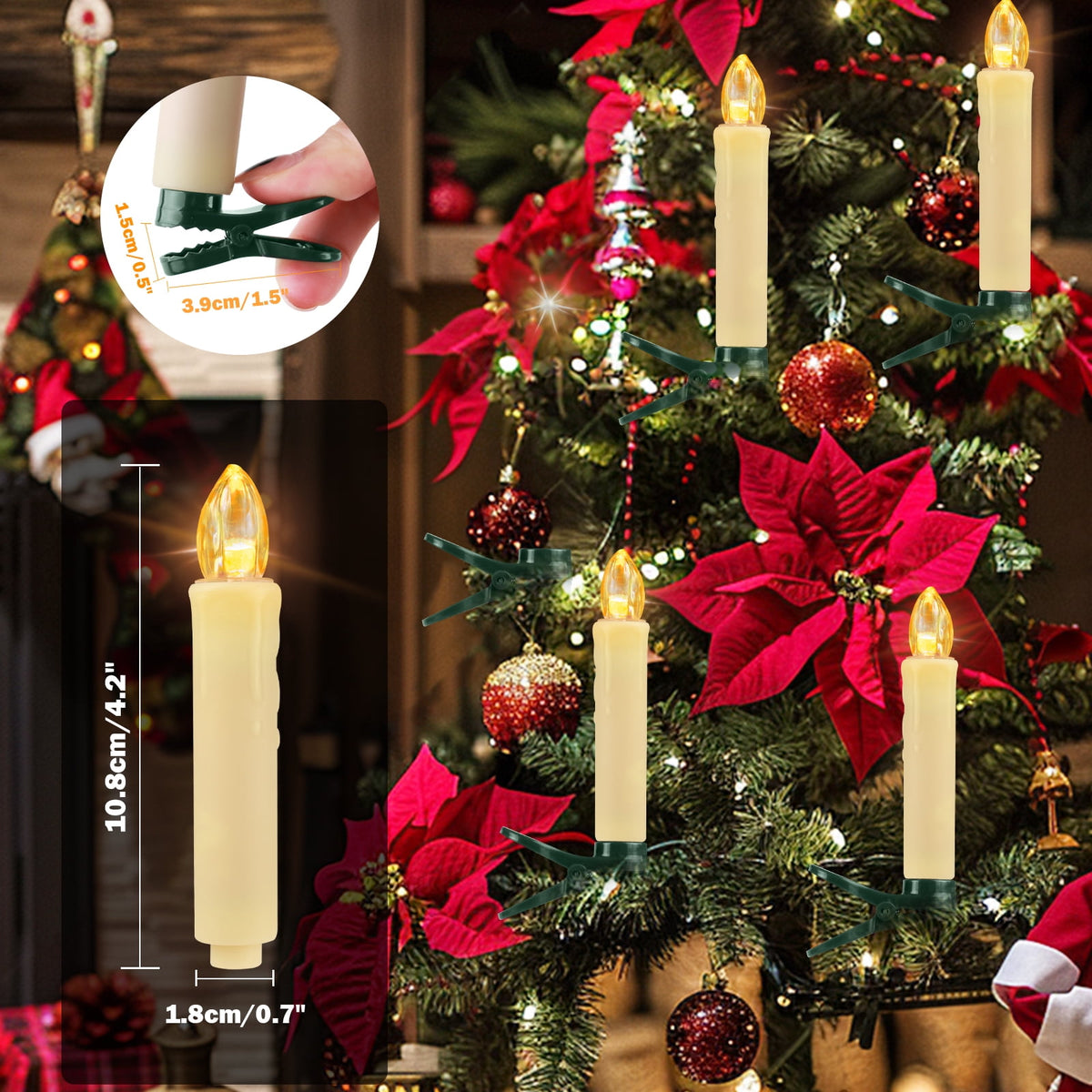 NEWEEN Flameless Clip-on Christmas Tree Candles, Dimmable, Flickering/Steady, Battery Operated, Remote Control, 4.7”, Set of 10