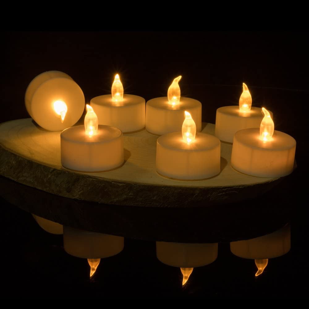 Realistic Bright Flameless LED Tea Light Candles, Bright, Flickering, Battery Powered Fake Candles, Unscented Tea Lights, Pack of 24