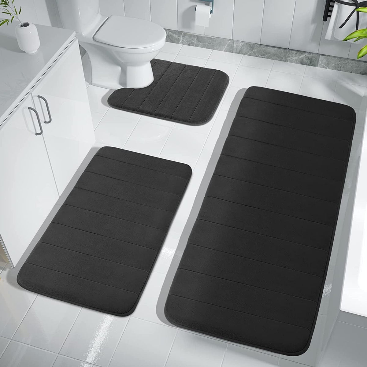 3 Piece Memory Foam Bath Mat Set with U-Shaped Toilet Mat Bathroom Rugs Soft Comfortable Water Absorption Bath Carpet Non-Slip Thick Machine Washable for Kitchen/Living Room(Gray)