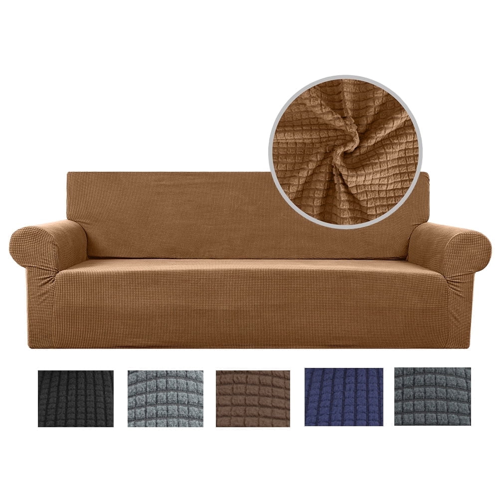 Stretch Sofa Slipcover 1-Piece Sofa Cover Furniture Protector Couch Soft with Elastic Bottom for Kids, Polyester Spandex Jacquard Fabric Small Checks with 1 Pillowcase(2 Seater, Dark Gray)