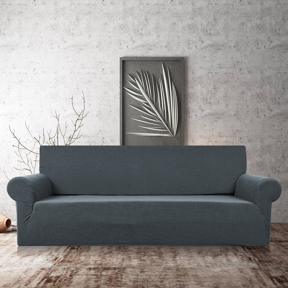 Stretch Sofa Slipcover 1-Piece Sofa Cover Furniture Protector Couch Soft with Elastic Bottom for Kids, Polyester Spandex Jacquard Fabric Small Checks with 1 Pillowcase(2 Seater, Dark Gray)