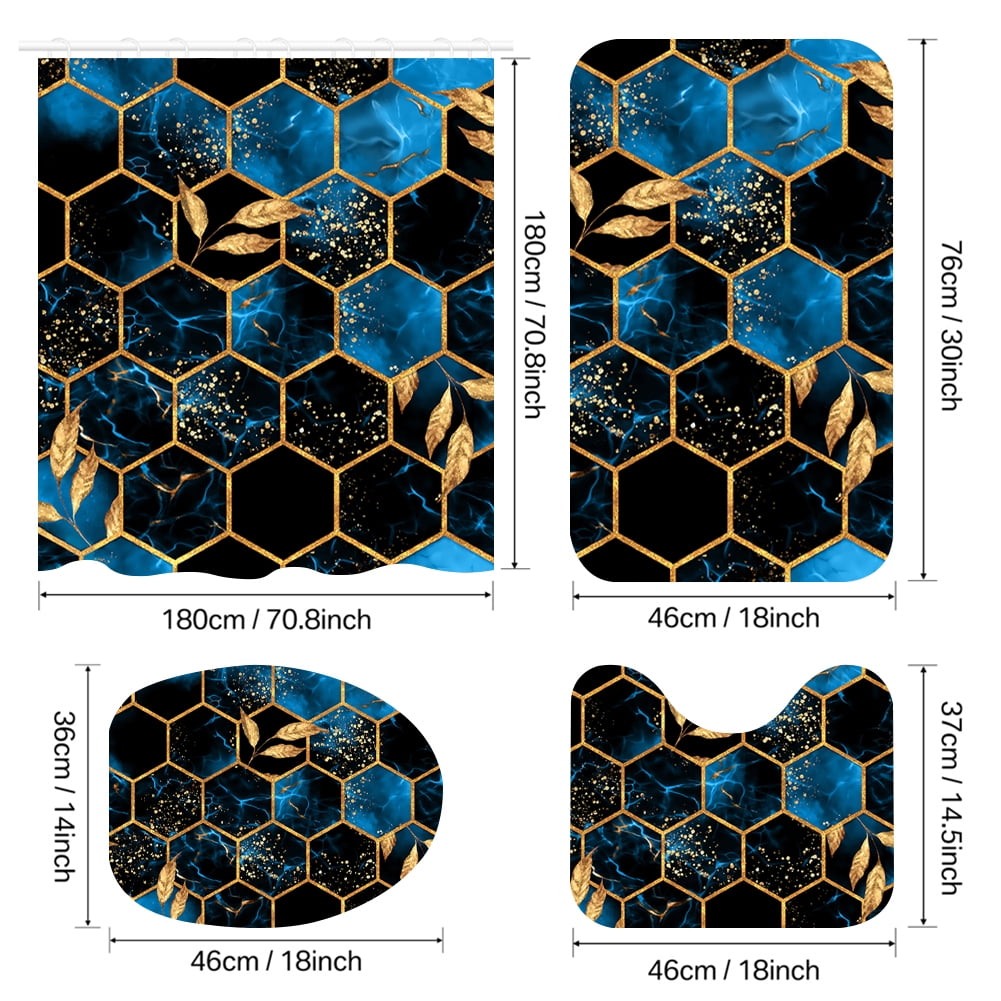 NEWEEN 4 Pcs Bathroom Shower Curtain Set,Durable Bathroom Decor Set with Rugs(Bath Mat,U Shape and Toilet Lid Cover Mat) and 12 Hooks,Sky Blue Honeycomb Marble