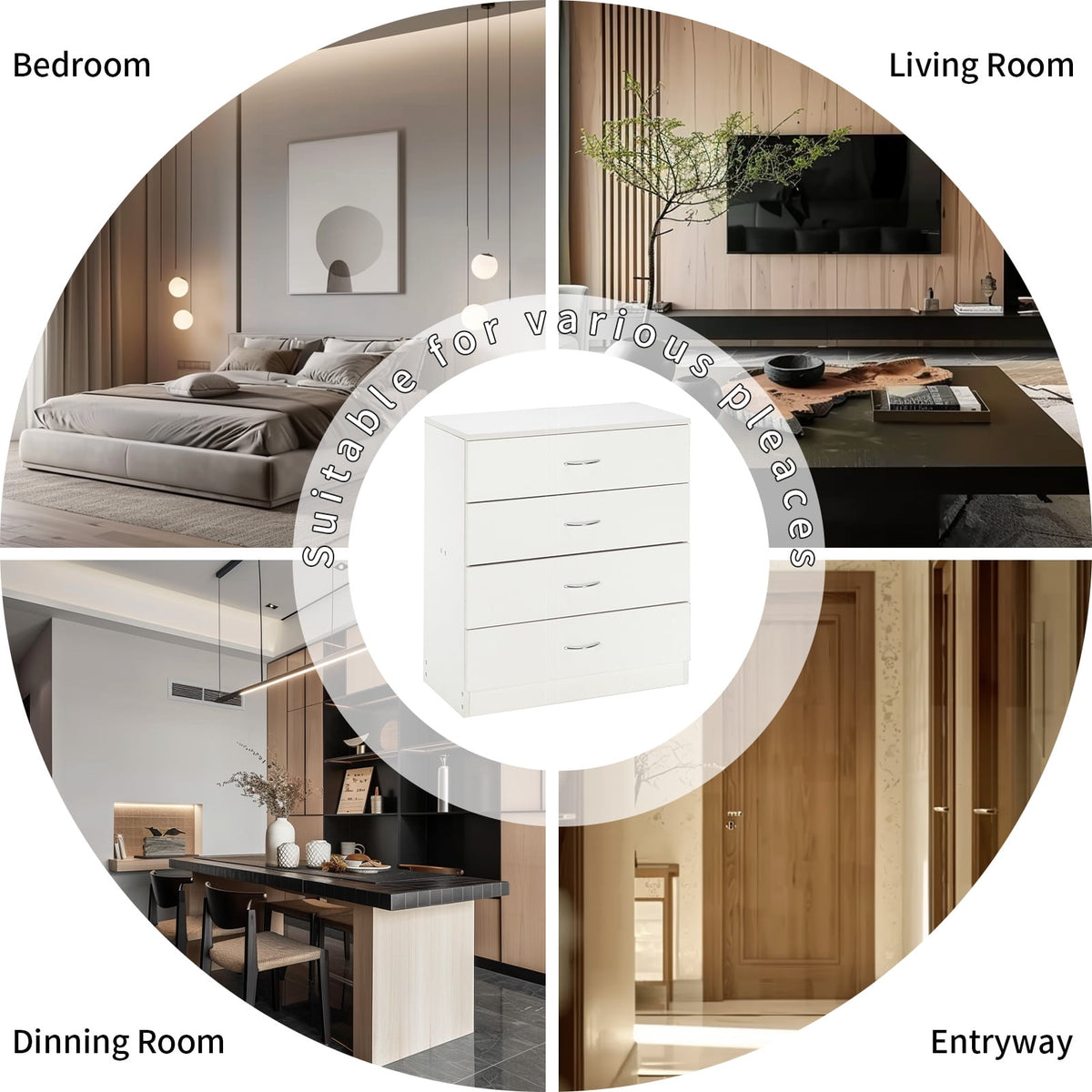 NEWEEN White 4 Drawer Dresser, Chest of Drawers for Bedroom, Modern Storage Cabinet Dresser Organizer Unit with Handle for Living Room, Closet, Hallway