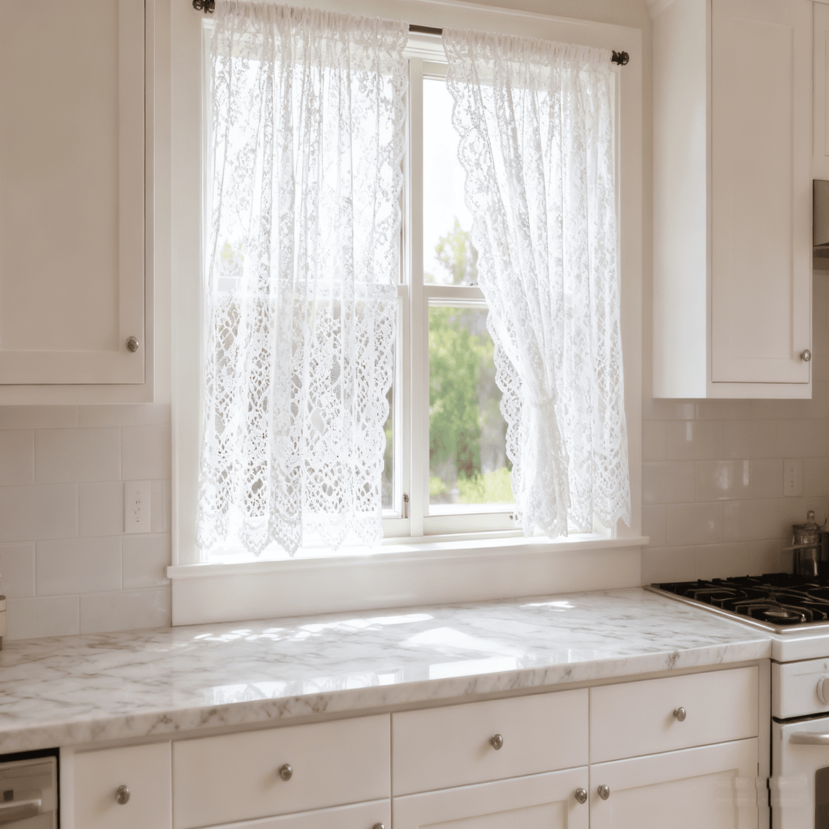 Vintage Lace Curtains 63 Inches Long-Romantic Flowers and Branch Sheer Lacy Curtains for Living Room French Door 1 Pair Rod Pocket, 57 x 63 Inch White