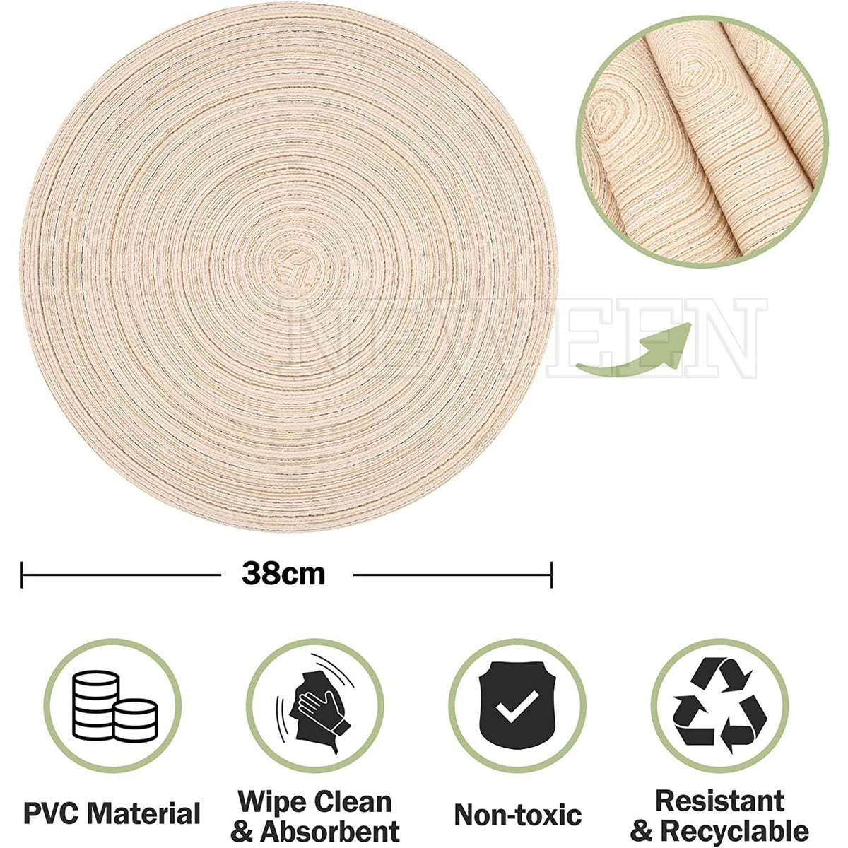 NEWEEN 15" Round Placemats Set of 6 Braided Fabric Heat Resistant Washable Table Mat for Kitchen for Kitchen Party Decor, Beige