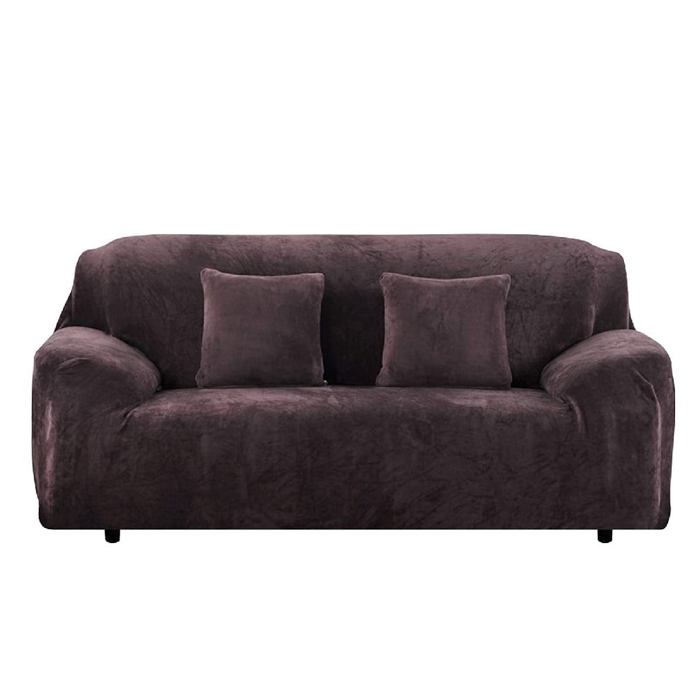 Thick Velvet Sofa Covers 1/2/3/4 Seater Pure Color Sofa Protector Stretch Non Slip Couch Cover Easy Fit Elastic Fabric Stretch Couch Slipcover(Brown, 1-Seater Sofa)
