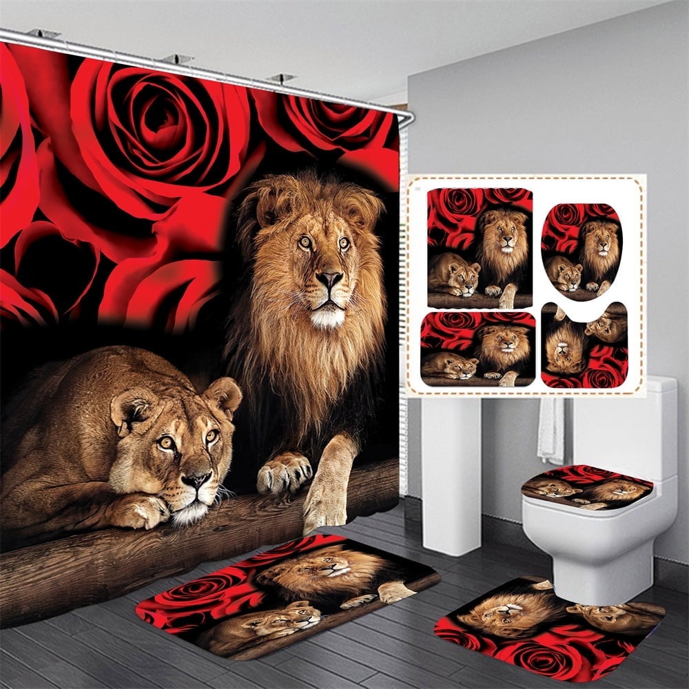 4 Pcs Bathroom Shower Curtain Set Blue Rose Shower Curtain Bathroom Sets Valentine's Day Shower Curtain Sets with Rugs(Bath Mat,U Shape and Toilet Lid Cover Mat) and 12 Hooks