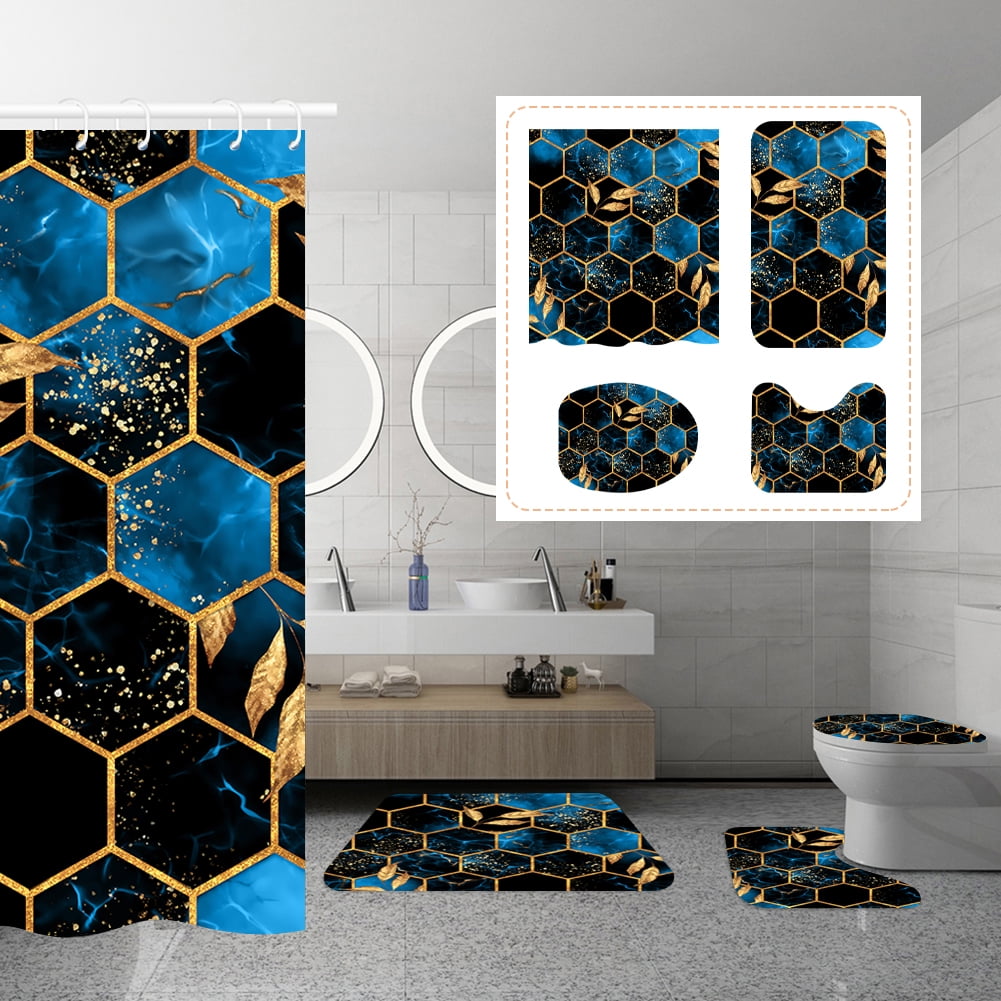 NEWEEN 4 Pcs Bathroom Shower Curtain Set,Durable Bathroom Decor Set with Rugs(Bath Mat,U Shape and Toilet Lid Cover Mat) and 12 Hooks,Sky Blue Honeycomb Marble