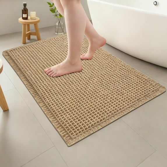 NEWEEN Waffle Bathroom Rugs Ultra-Soft Non-Slip Bath Mat Super Absorbent Quick Dry Bath Rugs for Bathroom Floor Machine Washable Bathroom Mats with Tassels Boho Bathroom Decor 18"x30" Brown