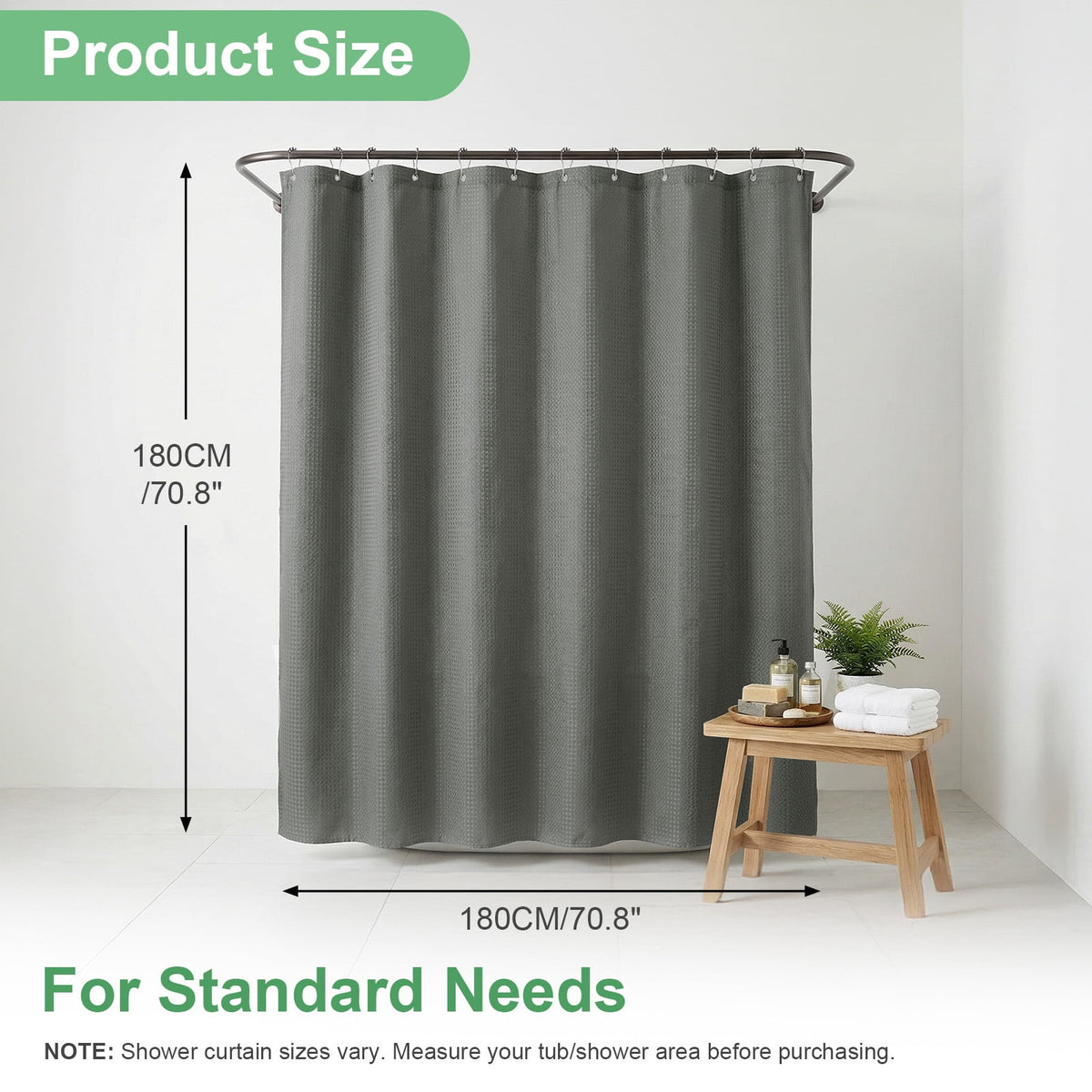 NEWEEN Waffle Textured Shower Curtain with Metal Shower Curtain Hooks, 72"x72" Luxury Heavy Duty Soft Fabric Shower Curtain, Gray